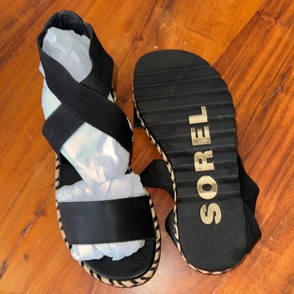 Sorel Ella I Black Leather Arrow Chevron Jute Espadrille Elastic Sandal EUC SZ 9 - Picture 2 of 6